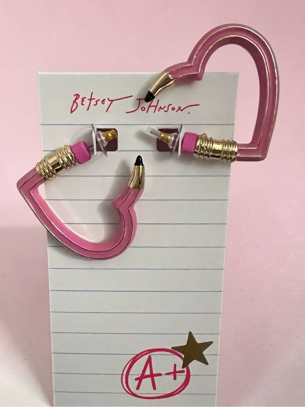 Betsey Johnson Pink Heart Pencil Hoop and Stud Earring Set